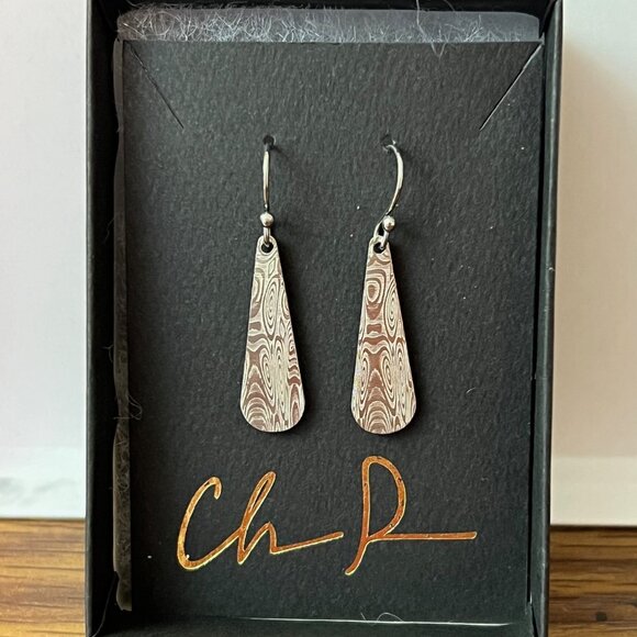 Chris Ploof Damascus stainless steel teardrop dangle Earrings EUC - Picture 9 of 9